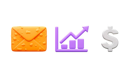 Isolated orange envelope purple graph and white dollar sign on a black background illustration 3d render png