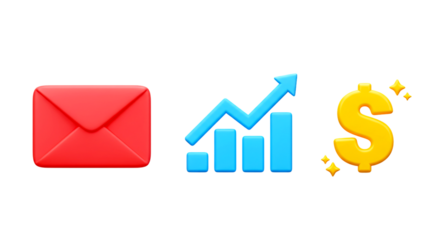 A red envelope, a blue graph with an arrow and a yellow dollar sign on a black background png