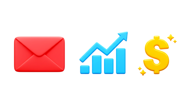 A red envelope, a blue graph with an arrow and a yellow dollar sign on a black background png