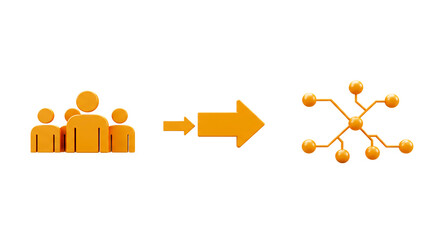 Orange figures showing team leading to network diagram on a black background demonstrating...