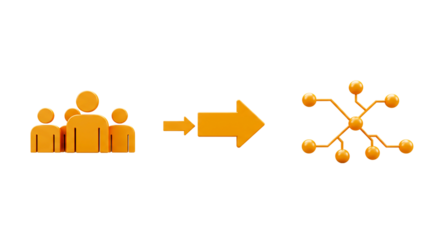 Orange figures showing team leading to network diagram on a black background demonstrating connection png