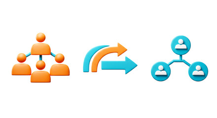 Three diagrams showing hierarchy exchange and connection on a black isolated background scene concept png