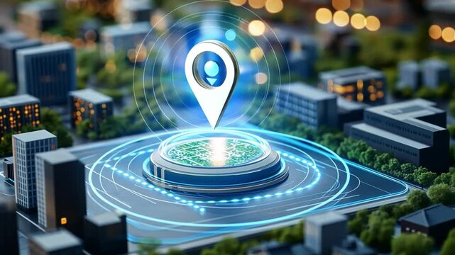 Digital City Locator: A futuristic cityscape with a prominent location marker hovering above it, showcasing the integration of technology and urban planning in a dynamic display of progress.