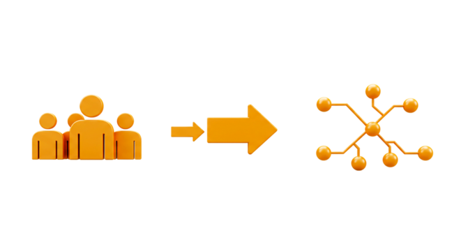 Orange figures showing team leading to network diagram on a black background demonstrating connection png