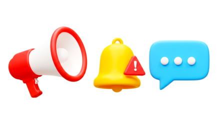 A red and white megaphone a yellow bell with a red exclamation point and a blue speech bubble with dots png