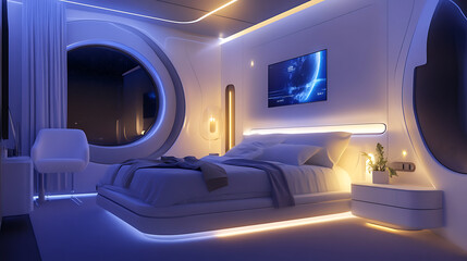 A futuristic bedroom with a white bed and a large television