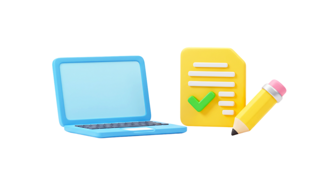 A light blue laptop next to a yellow document with a green checkmark and a pencil on a black background png