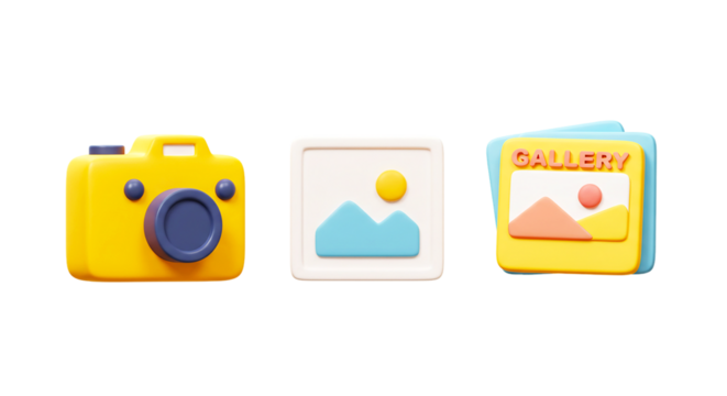 Three dimensional icons of a camera and two gallery icons against a black background scene png