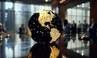 Glowing Earth on a boardroom table, cityscape reflects, diverse group of people blurred in background - Powered by Adobe