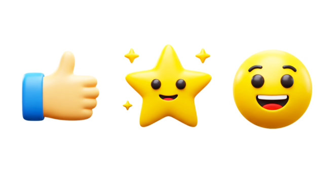 Three emojis displayed on a black background including a thumbs up a star and a smiley face png - Powered by Adobe