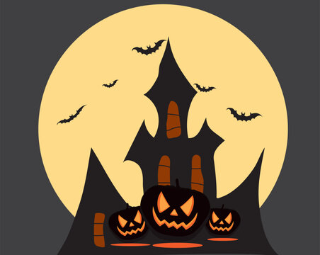 hallowen background, sacred background, old tree, spooky castle, witch and full moon, creepy night, Bats, ect