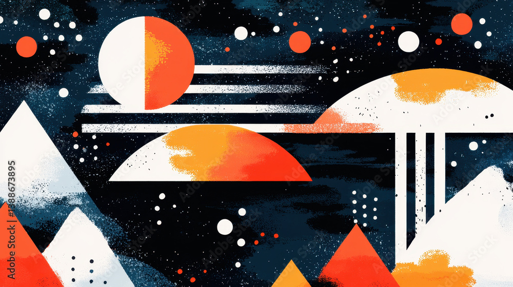Poster abstract nature illustration of stylized mountains and celestial bodies in geometric shapes with dar