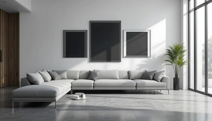 Contemporary living room design with modern sofa and decorative frames art