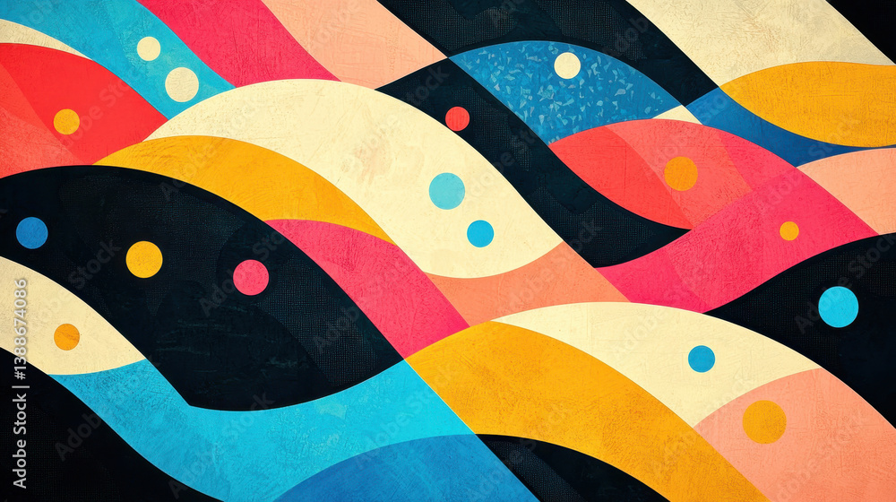 Poster abstract illustration of a vibrant wavy ecosystem with bold colors and organic shapes featu ample co