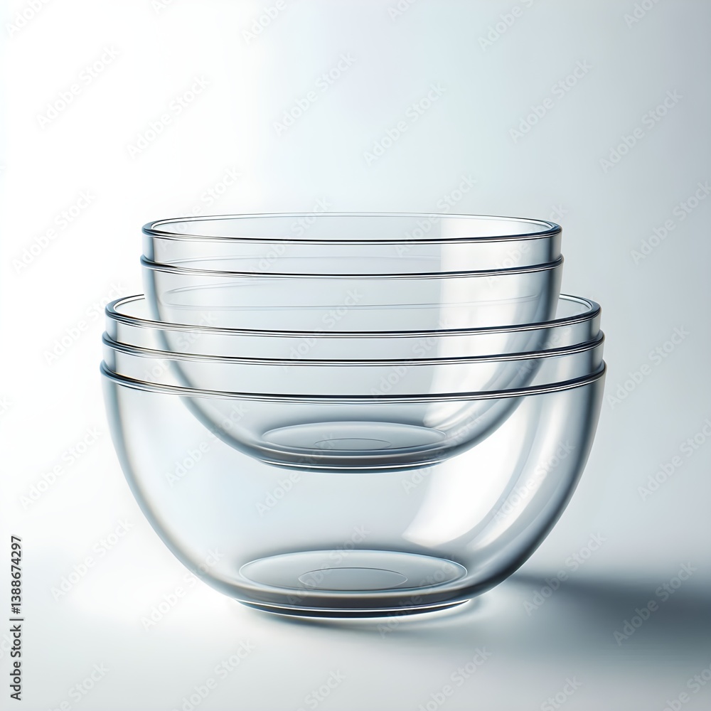 Poster stackable glass mixing bowl set with smooth clear surface on white background