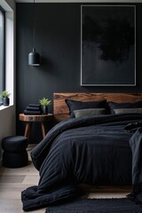 Generative AI, Dark modern bedroom with black bedding and abstract decor