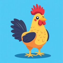 A vibrant cartoon illustration depicting a colorful rooster standing upright