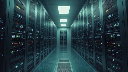 Fototapeta premium A data center hallway filled with numerous server cabinets
