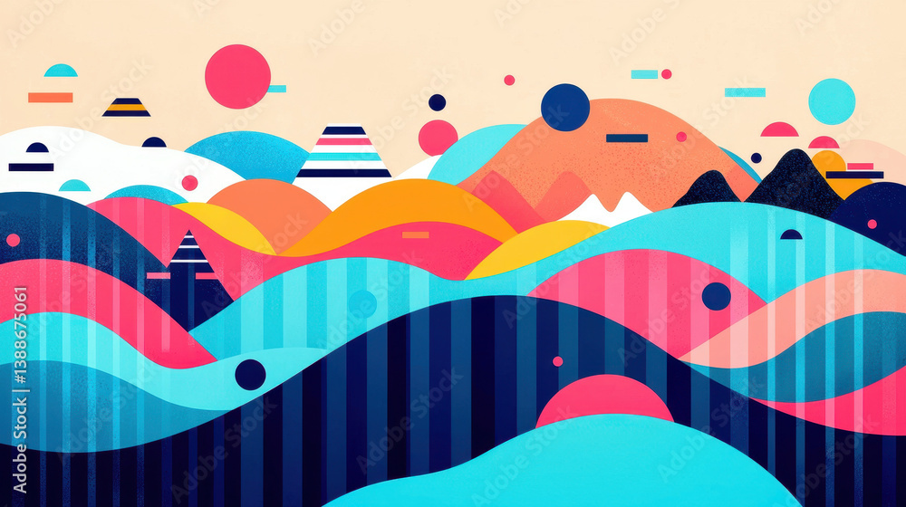 Poster majestic mountains in a whical abstract landscape with colorful rolling hills and ample copy space f