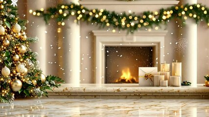 Elegant christmas decor with glowing tree and candlelit fireplace ambiance. Merry Christmas. Happy New Year. - Powered by Adobe