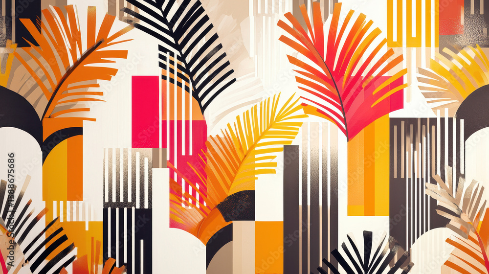 Poster dynamic pattern of stylized lush canopies in vibrant oranges, reds, and blacks with geometric shapes