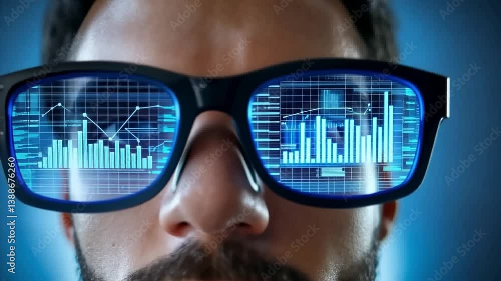 Poster vision of future: a visionary wearing glasses with a display of advanced technology, gazing at proje