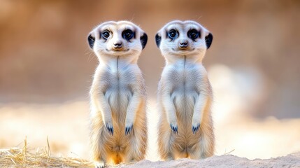 Fototapeta premium Two adorable meerkats standing side by side. They have large, expressive eyes and a cheerful, almost comical expression. The image is well-lit, with a soft focus background.