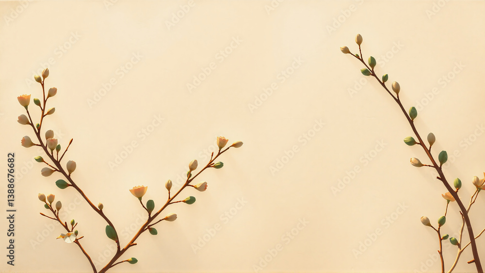 Poster delicate branches with small buds are displayed against a soft beige backdrop, creating a minimalist