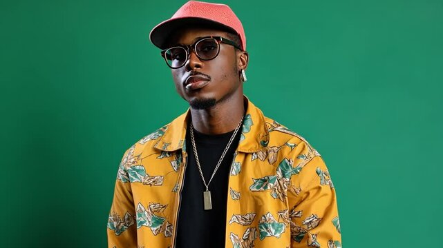 A rapper posing with confidence in front of a green screen