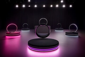 Modern circular platforms with glowing rings on stage