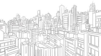A city skyline is drawn in black and white