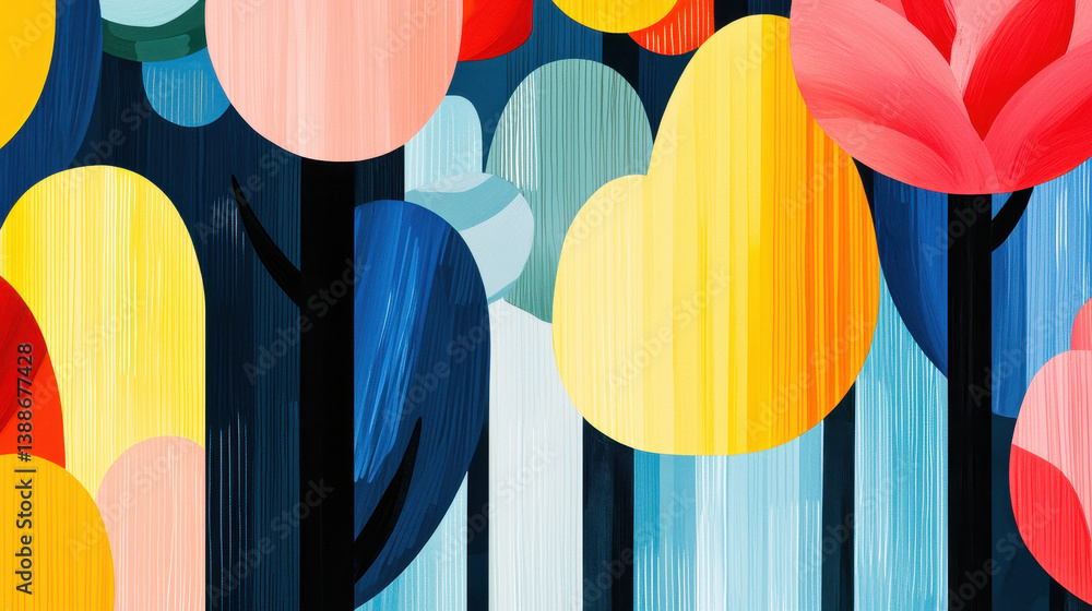 Poster Whical Forest Illustration with Colorful Abstract Trees and Ample Copy Space for Showcasing Charming Forest Creatures in a Magical Setting