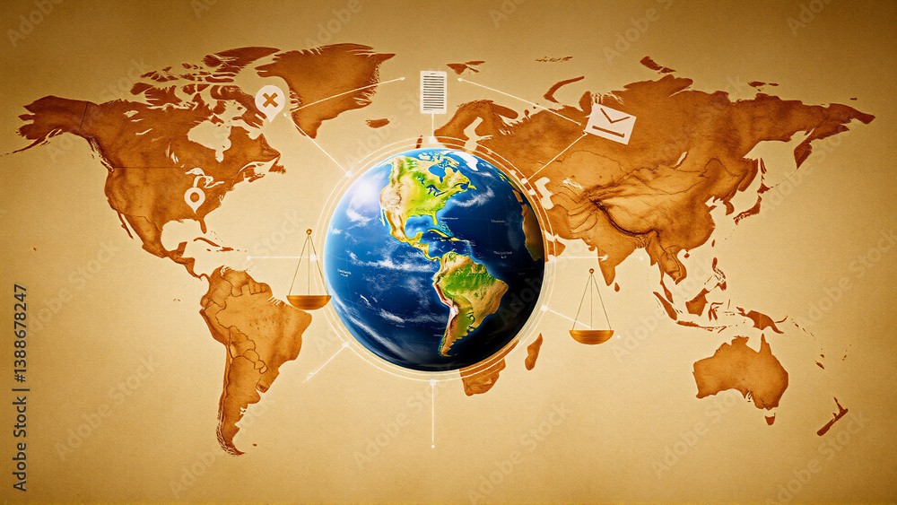 Poster a world map backdrop displays a central globe, representing global interconnectedness. icons of comm