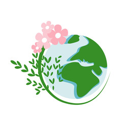 Illustration of the Earth with green leaves and flowers for Earth Day celebration.