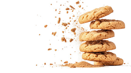 Scattered pile of freshly baked gingersnap cookies with cinnamon dust trailing and falling against a plain background creating a rustic autumnal and delicious scene