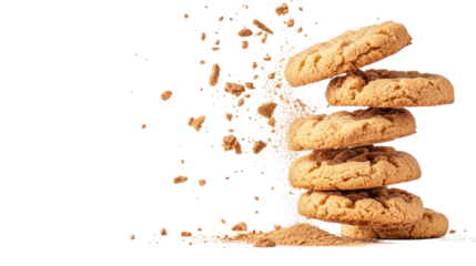 Scattered pile of freshly baked gingersnap cookies with cinnamon dust trailing and falling against a plain background creating a rustic autumnal and delicious scene