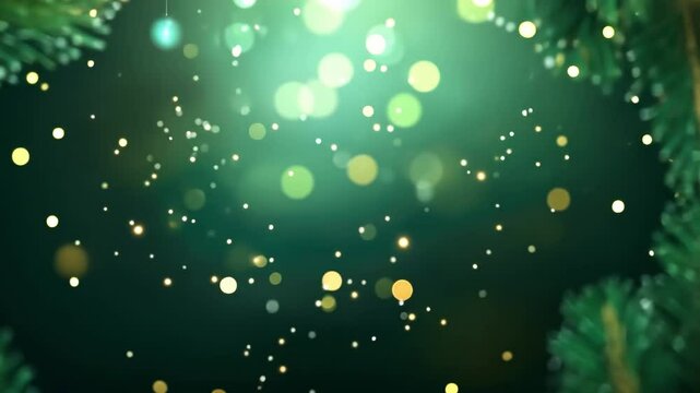 Festive green christmas background with glowing lights and fir branches. Merry Christmas. Happy New Year.