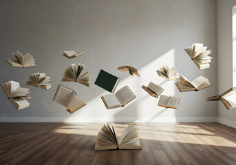 Magical Floating Books Over Cloudlike Background