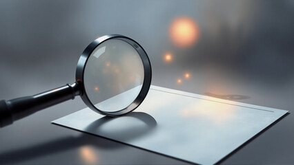 A magnifying glass hovers over a blank sheet of paper, resting on a metallic surface. Blurred lights in the background add depth and suggest investigation or focus.