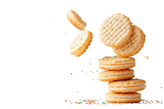 Delectable miniature sandwich biscuits or cookies with a vibrant array of colorful sprinkles cascading onto a plain white background