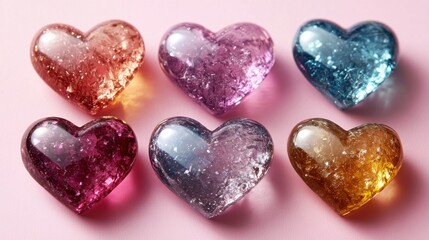 Six Colorful Glass Hearts on Pink Background
