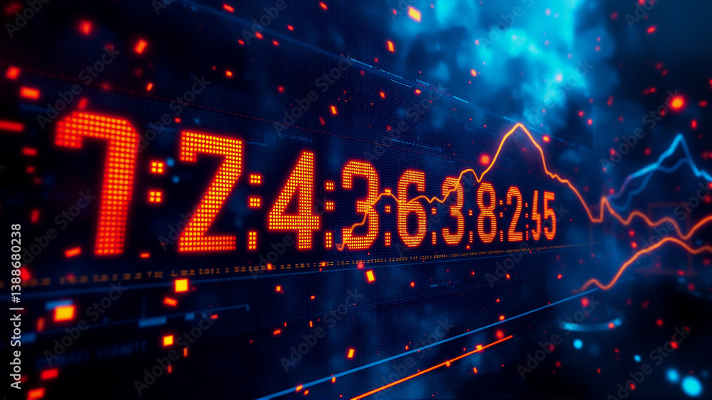 Poster futuristic digital display shows glowing orange numbers on a dark blue backdrop. lines and dots crea