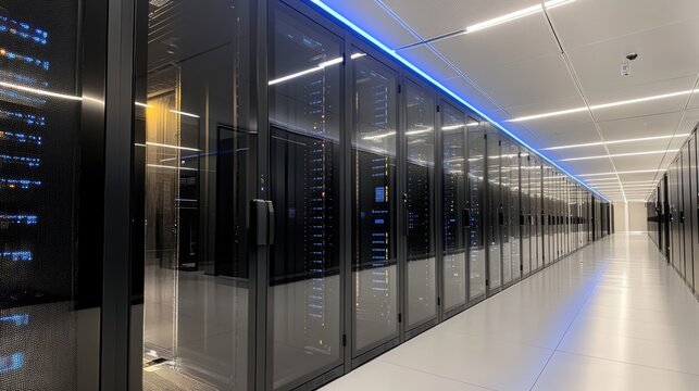 A modern data center hallway with rows of server racks