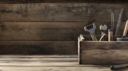 Old wooden crate with vintage tools on rustic wooden background.