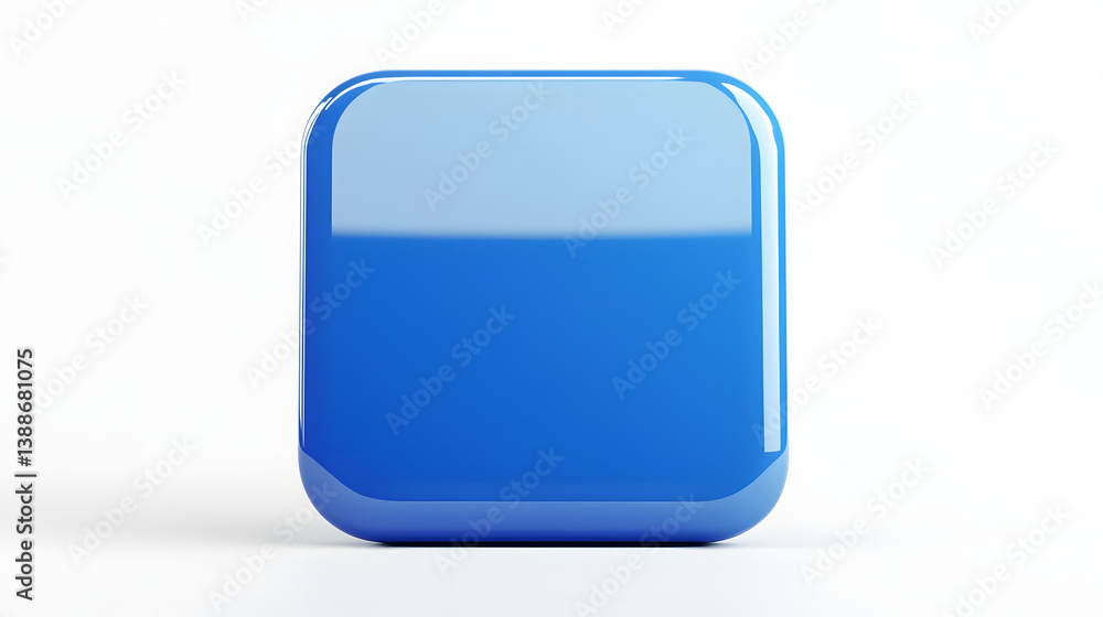 Poster blank mobile application icon, button - blue square with round corners. 3d rendering, white backgrou