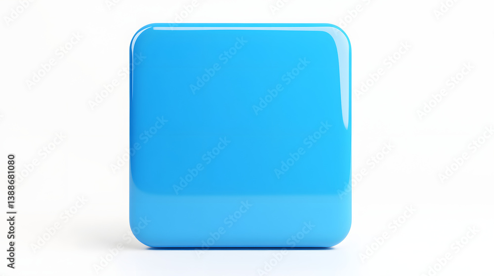 Poster blank mobile application icon, button - blue square with round corners. 3d rendering, white backgrou