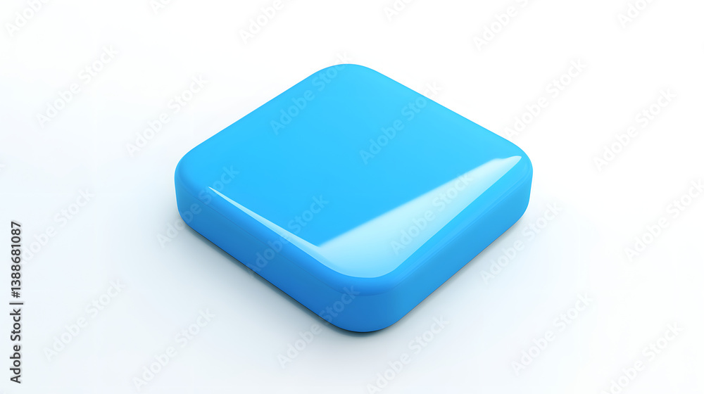 Poster blank mobile application icon, button - blue square with round corners. 3d rendering, white backgrou