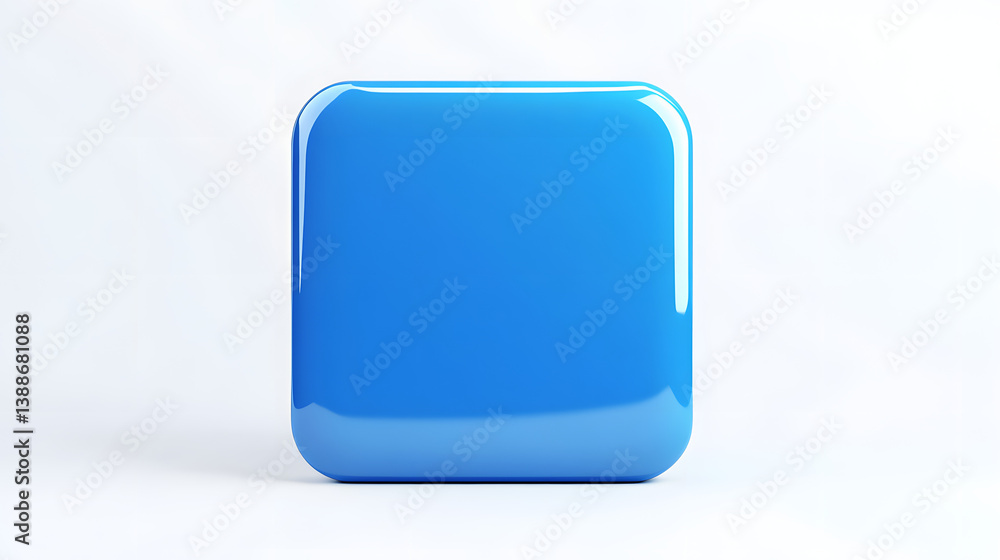 Poster blank mobile application icon, button - blue square with round corners. 3d rendering, white backgrou