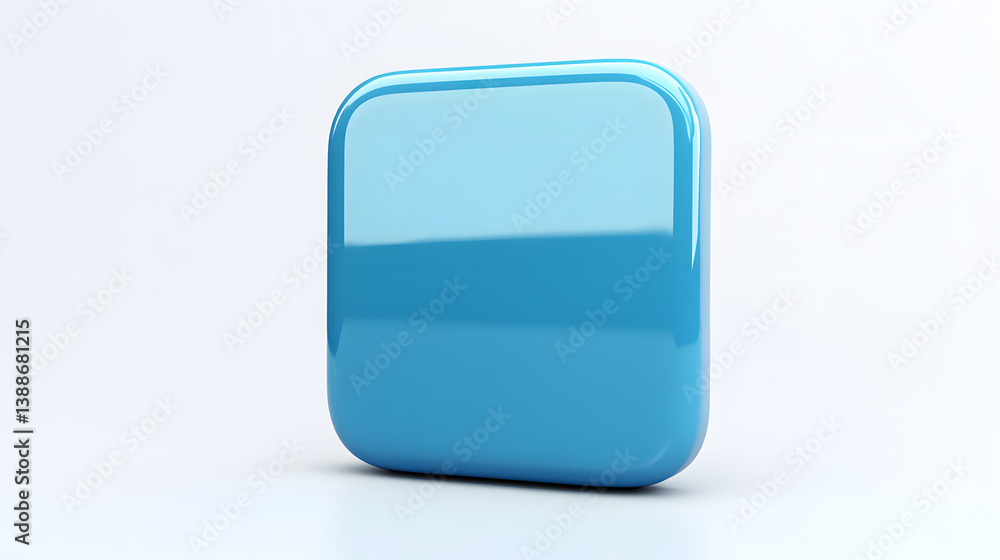 Poster blank mobile application icon, button - blue square with round corners. 3d rendering, white backgrou