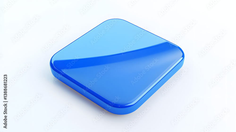 Poster blank mobile application icon, button - blue square with round corners. 3d rendering, white backgrou